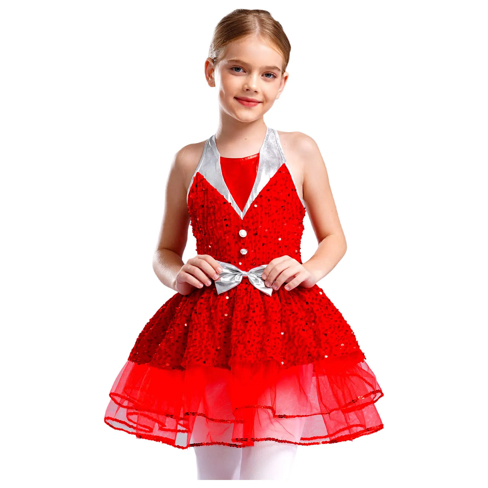 Kid Girl Shiny Ballet Dance Tutu Skirted Leotard Children Sequins Gymastics Leotard Performance Costume Figure Skating Dresses