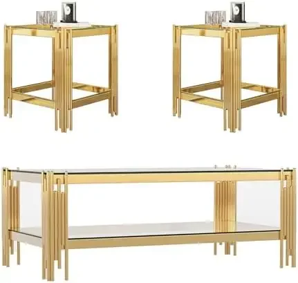 Glass Coffee Table Set of 3, Gold Living Room Table Set with Coffee Table and 2 End Table, 2-Tier Glass Table with