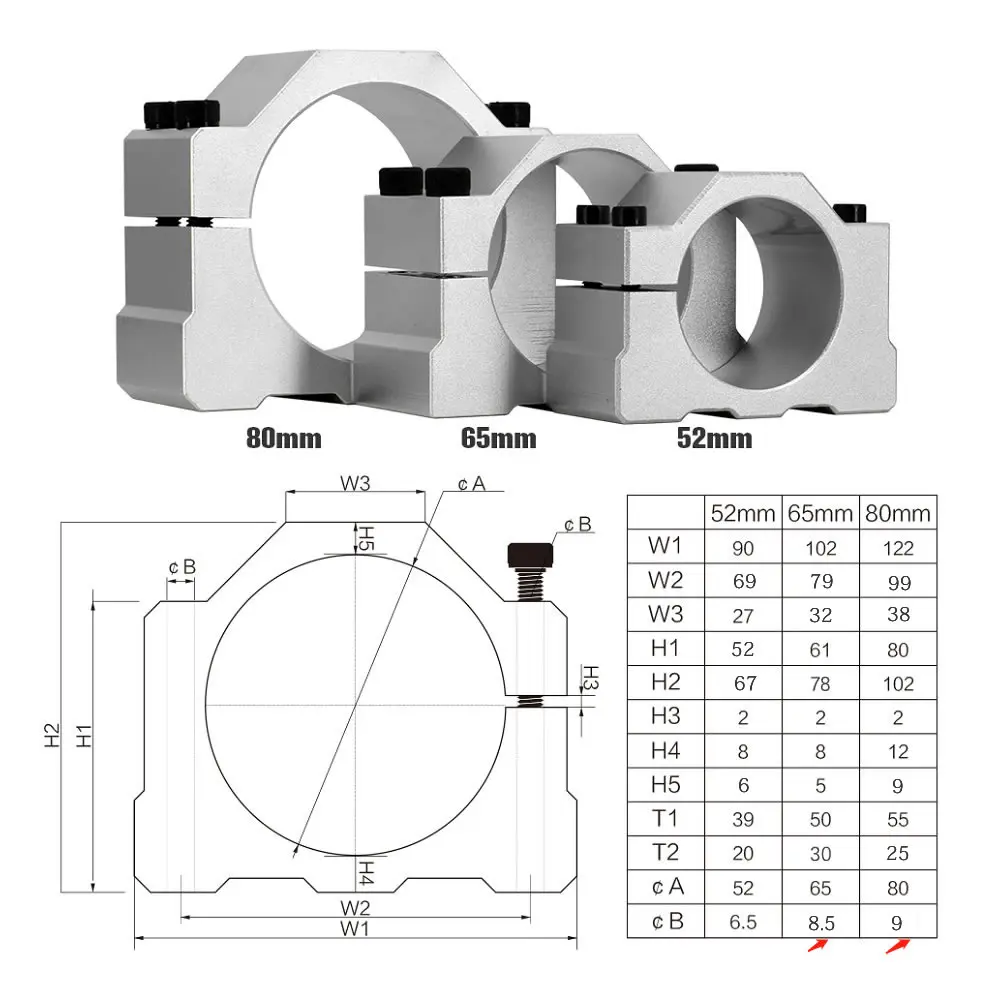 Aluminium CNC Spindle Clamp Holder Inner Diameter 52mm 65mm 80mm Z Axis Router Mount Bracket 800W 1.5KW 2.2KW Spindle Fixture