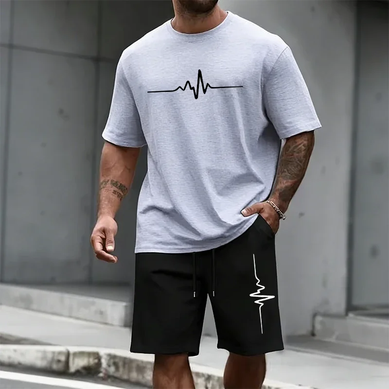 

Mens Tracksuit O-neck T-shirts Shorts 2 Pcs Set Summer Casual Short Sleeve Outfits Outdoor Sports Jogging Male Training Clothing