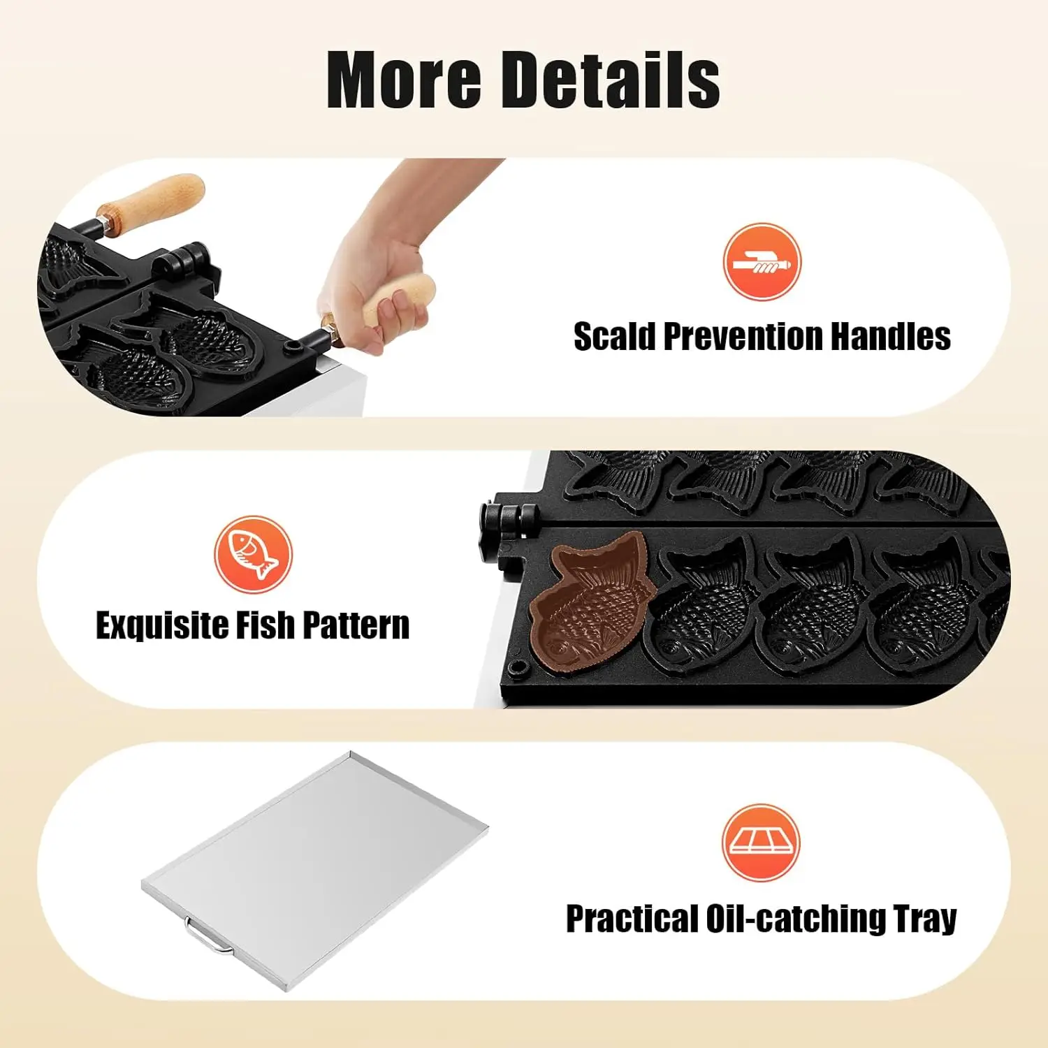 ماكينة صنع الوافل على شكل سمكة - 6 فتحات، غير لاصقة، ستانلس ستيل، ماكينة كهربائية 2400 وات للاستخدام المنزلي والتجاري - مثالية لـ B