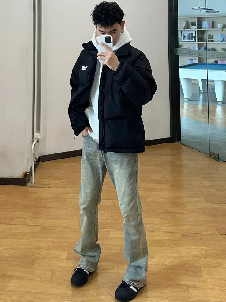 Retro Blue Men's Jeans Waed out Straight Leg Trousers American High Street Vibe Trendy Brand Elastic Bell Bot