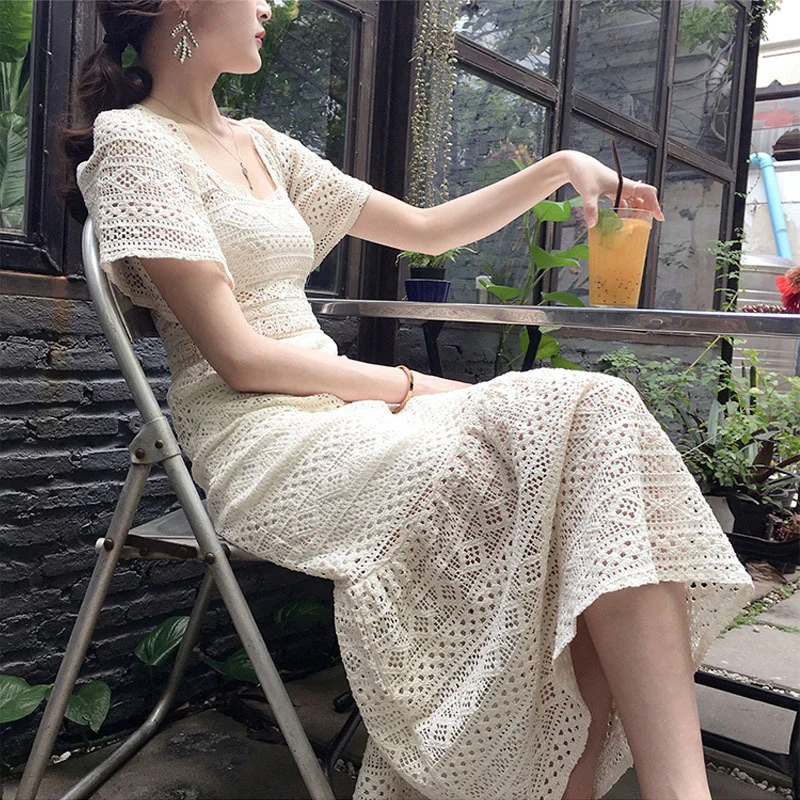 White Cotton Lace Long Dress Women 2023 Summer Short Sleeve Party Evening Prom Midi Long Dresses Female Flower Embroidery