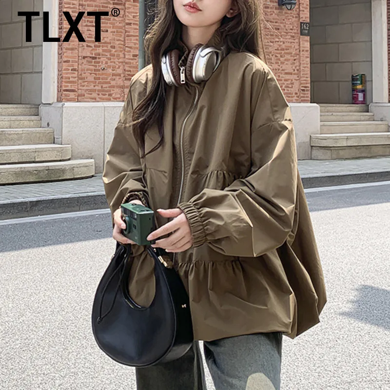 

TLXT Элегантная женская ветровка на молнии, стильная верхняя одежда свободного покроя, эластичные манжеты, повседневная одежда, пальто, осень 2023, новинка XK1630