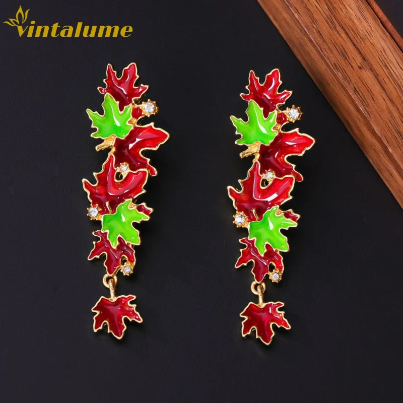 Brincos Vintage em Forma de Folha de Bordo, Banhados a Ouro, com Esmalte Vermelho e Verde, Cristais Ornamentados, Joia Luxuosa para Presentes de Festa Vintalume