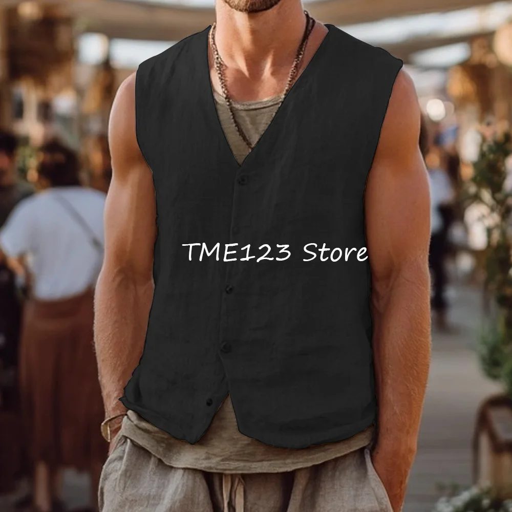 NONE Dünne Arbeitsweste Veston V-Ausschnitt Gilet Männer Leinen Mode Anzug Einreiher Westen Mann Casual Weste für Mann Anzüge Blazer 5