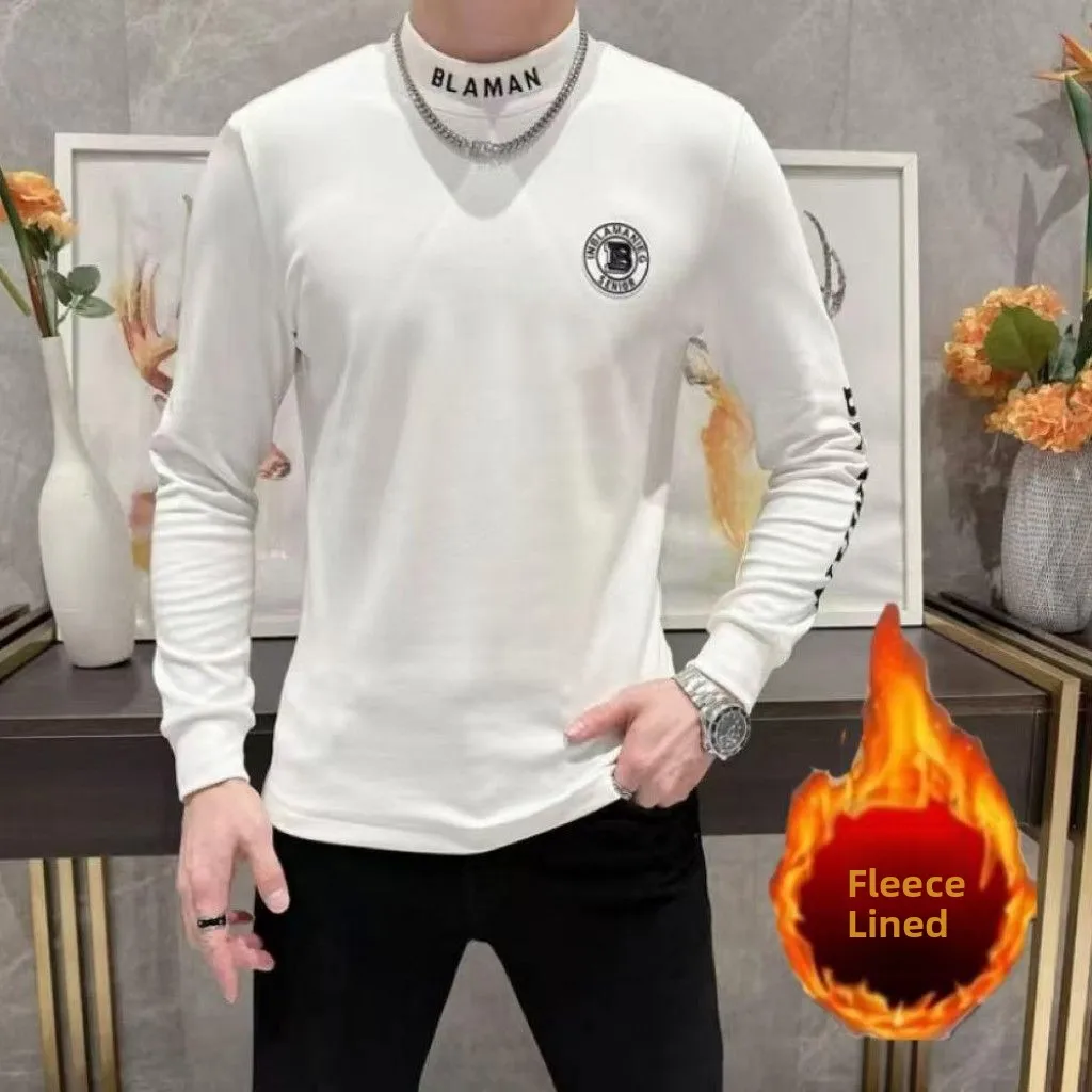 

Casual Mid-Ne Fce-Lined Long Sve Men's Base irt Trendy High-End Name Brand Autumn Winter New Sle Outdoor Hiking