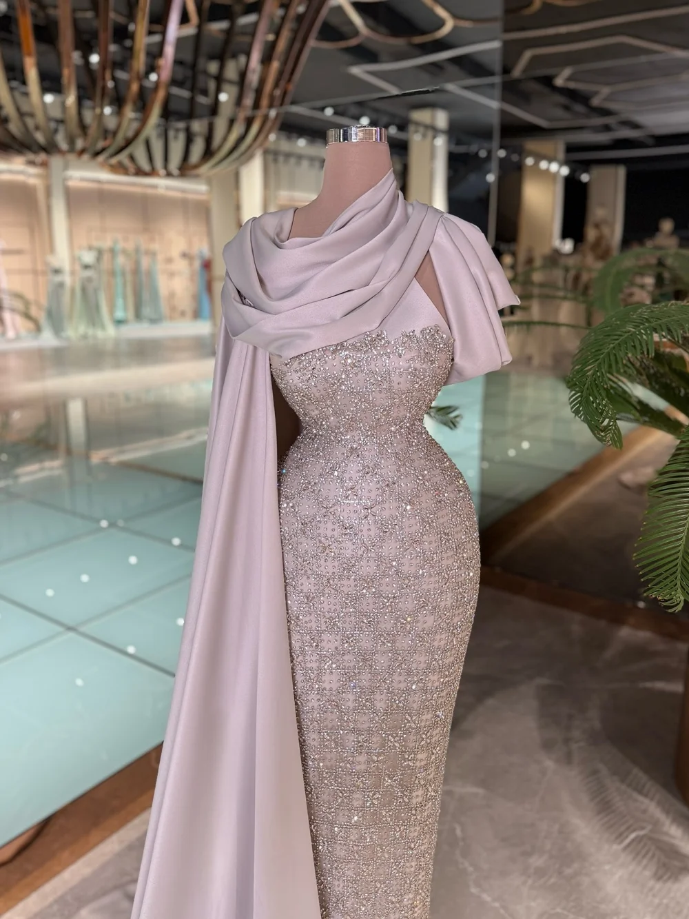 فستان سهرة ساحر مزين بالترتر، فستان سهرة كريستالي رائع على شكل حرف A، فستان كلاسيكي بدون أكمام بطول الأرض #4