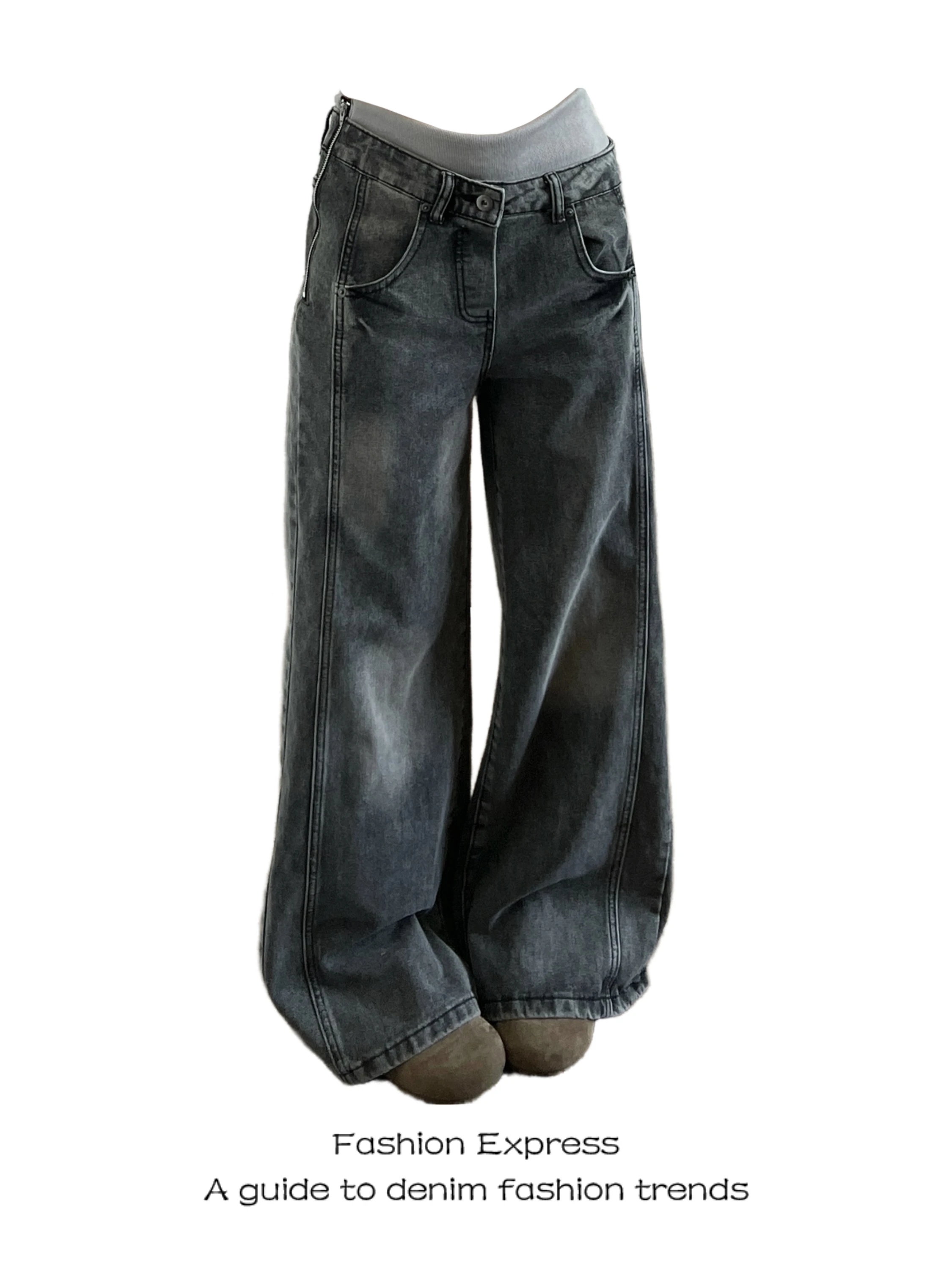 

Retro Design Double Waist Denim Jeans Women's Loose Straight Leg Wide Leg Pants Spring 2026 Casual Wear Resistant Pure Color