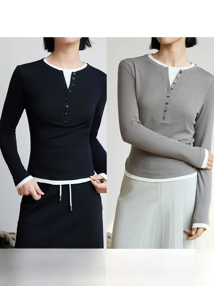 

Slim Fit round Ne Long Sve T-irt Women's Spring Autumn Commute Sle Splicing Design Casual Comfortable Cotton Wool Blend