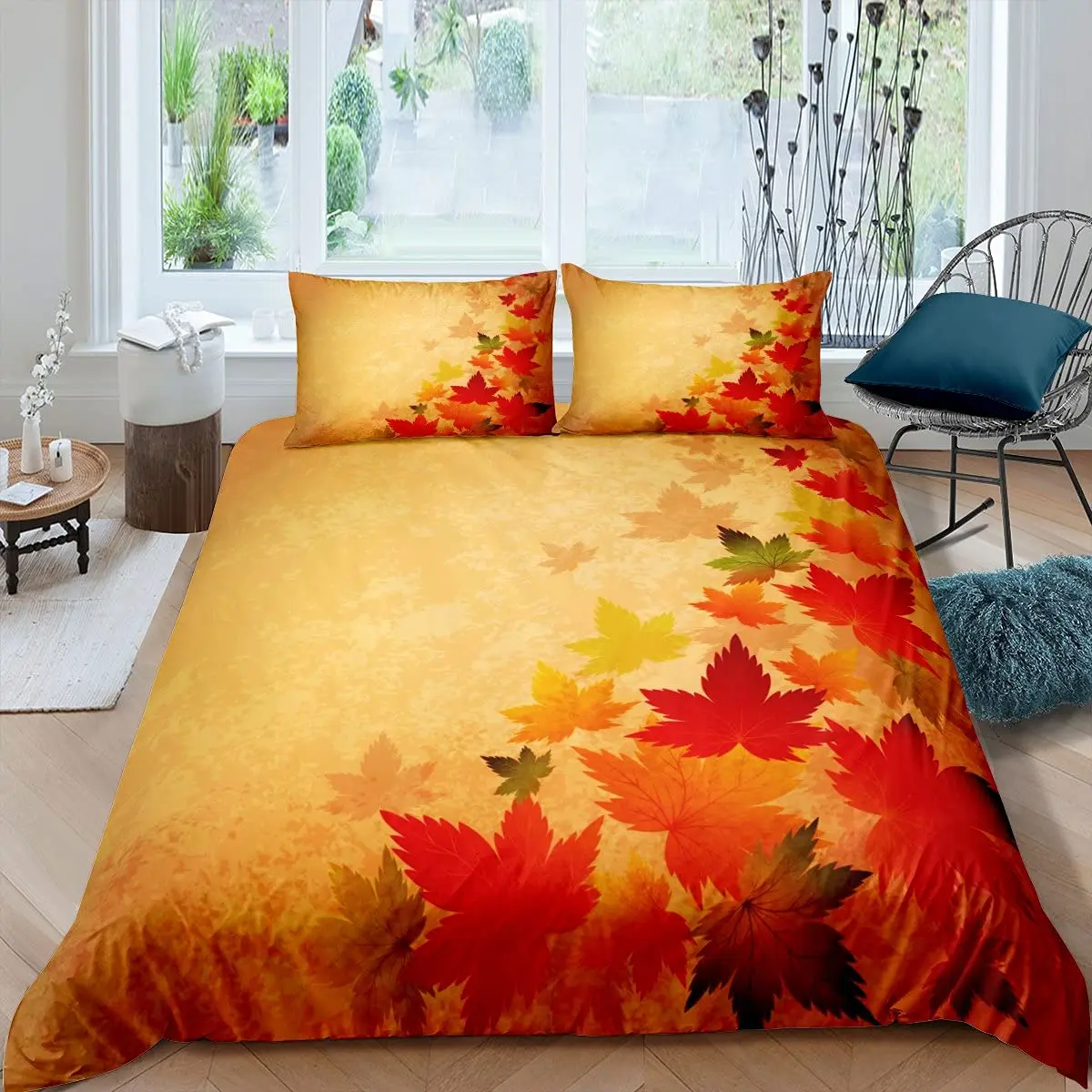 Maple Leaves Duvet Cover Set Colorful Autumn Season Maple Leaves In Unusual Designs Nature Print King Size 2/3pcs Bedding Set