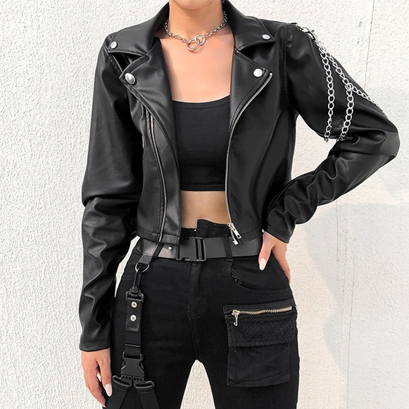 Vangull Spring Thin Pu Leather Jackets Women Long Sleeve Faux Leather Coat With Chain Female Zipper Strench Leather Outerwear