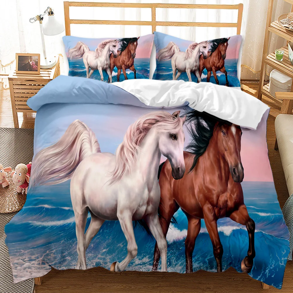 Horse Bedding Set Queen Size,Pony Decorative 2/3pcs Bedding Set Horse Freedom Runs Gallop Farm Print Soft Polyester Duvet Cover