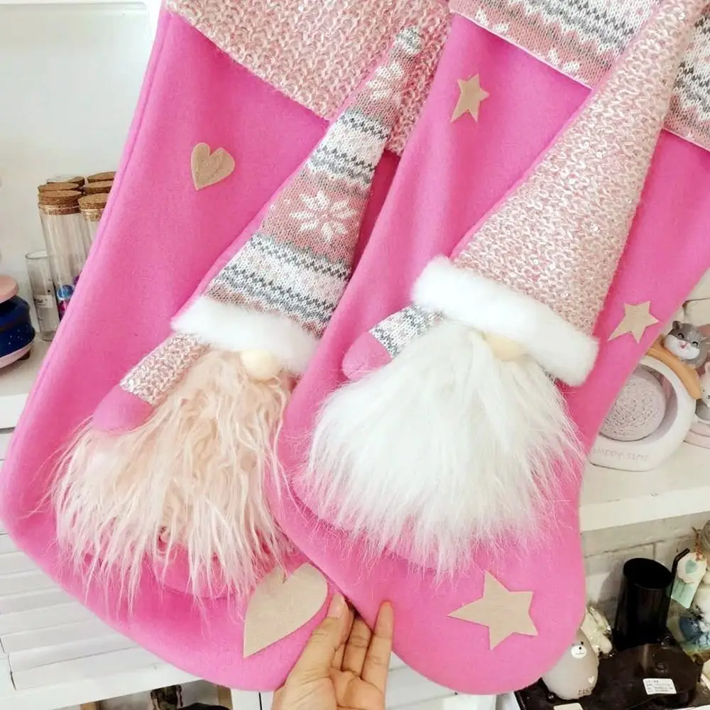 Christmas Stocking Faceless Gnome Doll Pink Socks Santa Claus Fabric Gift Bag Xmas Tree Ornament Hanging Party Festival Supplies