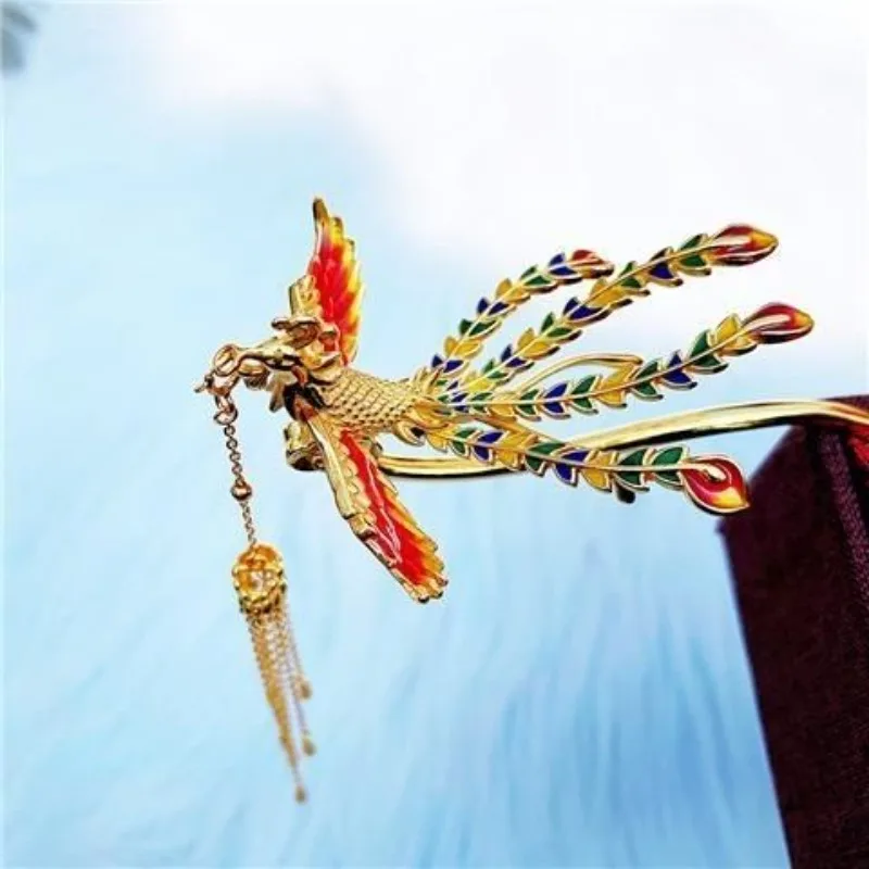 

Винтажная заколка для волос в королевском стиле из сплава с позолотой и разноцветной эмалью в виде феникса для причесок ханьфу, пучков и свадебных церемоний