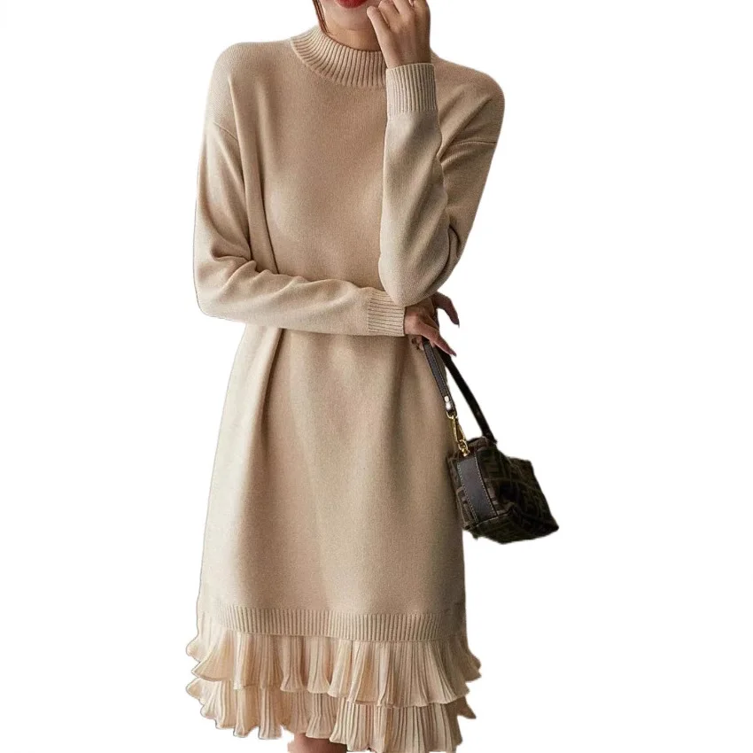 Neu eingetroffen: Gestricktes Midikleid mit Spitzenbesatz – Basiskleid für Herbst/Winter, modisches Gaze-Kleid im künstlerischen Retro-Chinesischen Stil für den Alltag
