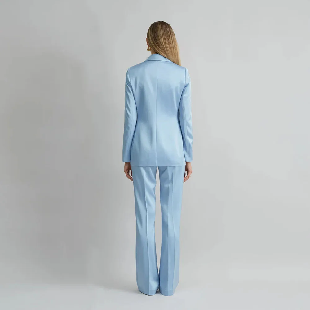라이트 블루 여성 정장 싱글 버튼 노치 라펠 투피스 자켓 팬츠 세트 스마트 슬림핏 오피스 데일리룩 여성 의류