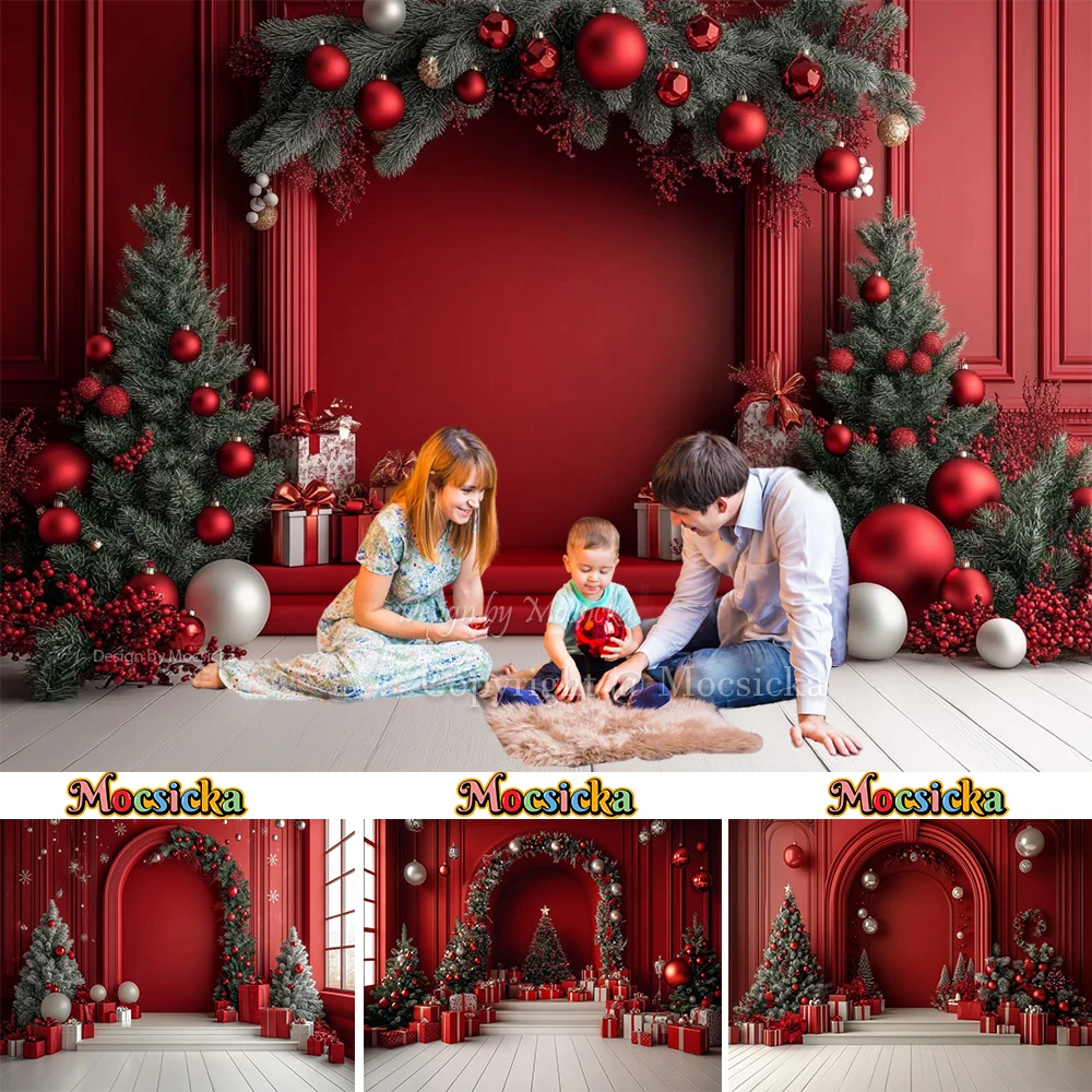 

Mocsicka Red Christmas Room Background Photography Xmas Tree Gift Palace Wall Backdrop Decor Winter Kids Family Photo Studio