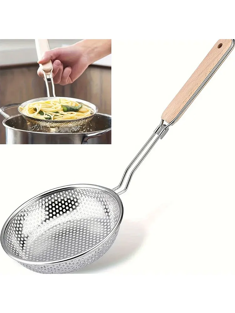 New Stainless Steel Colander With Wooden Handle - Fine Mesh Skimmer Spoon For Cooking Food Prep Grease Filtering Pasta Noodles