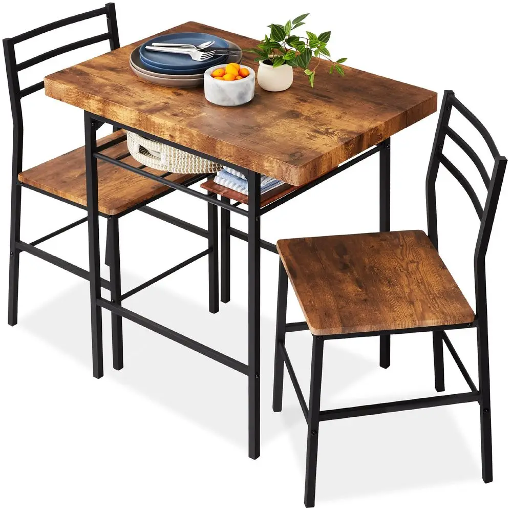 

3Piece Modern Dining Set, Space Saving Dinette for Kitchen, Dining Room, Small Space w Steel Frame, Builtin Storage Rack Medium