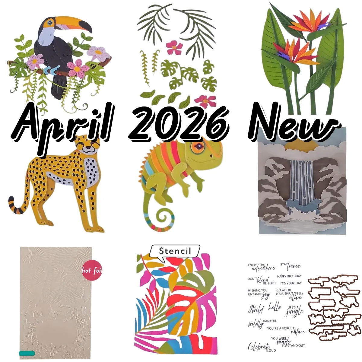 Abril 2026 Troqueles de corte de metal, sellos transparentes y plantillas de estampado en caliente con motivos de Gato de la Selva, Camaleón y Ave del Paraíso para manualidades de álbumes de recortes DIY