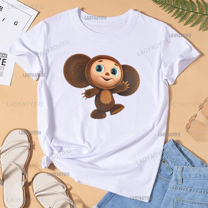 Russian Cheburashka Big-eyed Monkey Women T Shirt Crocodile Clothes Monkey Hipster Soviet Russian Doll Masculinas Novelty Top