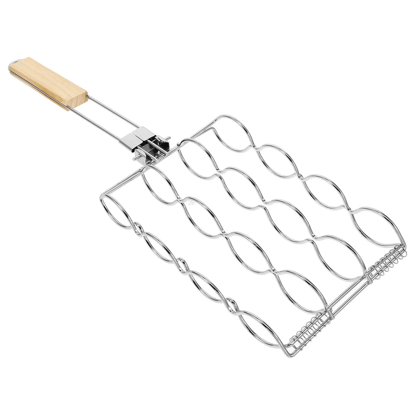 

Camping Barbecue Grill Rack Foldable Design with Wooden Handle for Corn Fish Sausage Meat Grill Net Corn Grilling Rack