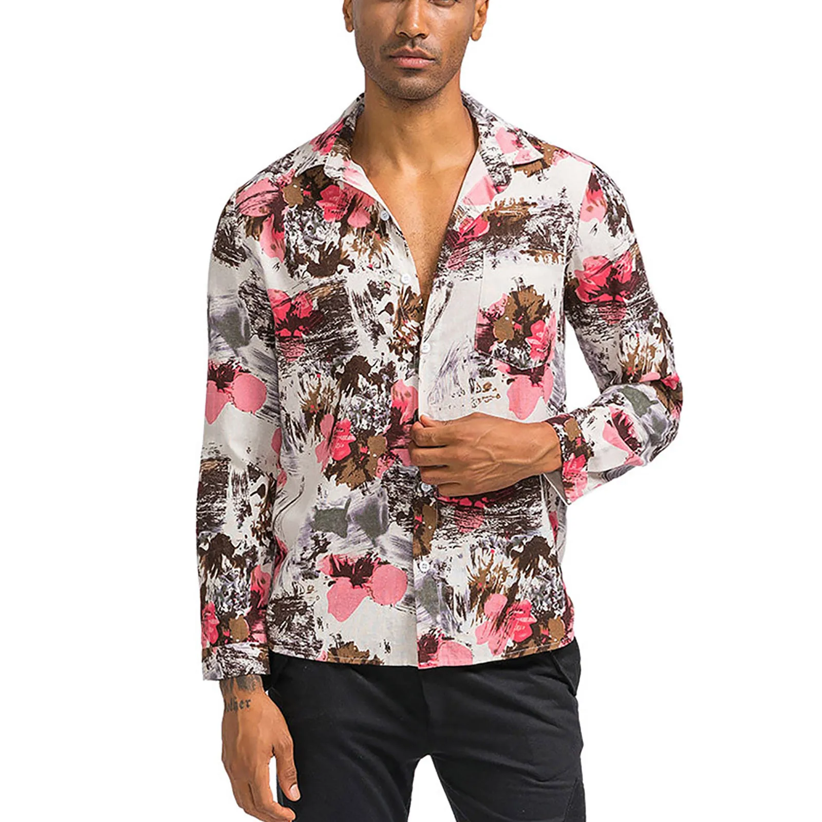 

Mens Ethnic Style Vintage Floral Printing Long Sleeve Loose Camisas De Hombre Button Beachwear European Style