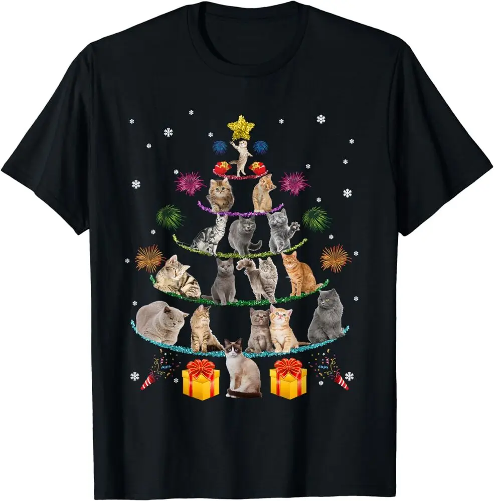 Funny Cats Christmas Tree Xmas Cats Tree Lights Gift T-Shirt S-3XL High Quality 100%Cotton Short Sleeve