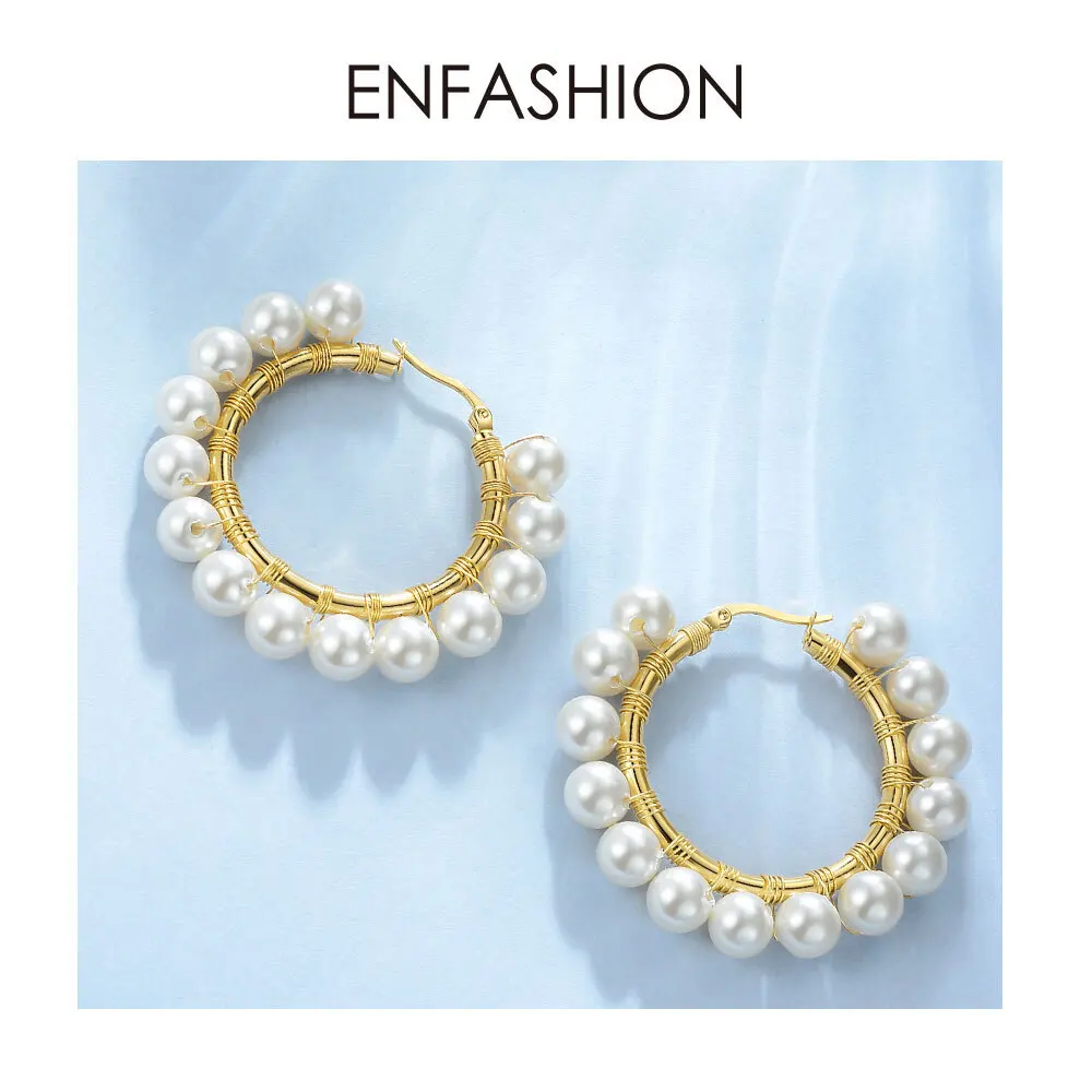 ENFASHION Pearl Hoop Earrings For Women Gold Color Statement Big Circle Hoops Earings Fashion Jewelry Aros De Moda 2020 E191099