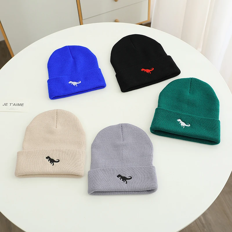 Little mave 2024 Autumn Winter Casual Knitted Embroidery Cartoon Dinosaur Outdoor Kids Caps for Children Warm Hats Baby Boys