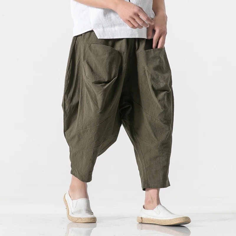 Pantalones anchos de algodón y lino para hombre, bombachos de estilo chino, longitud hasta el tobillo, 2023