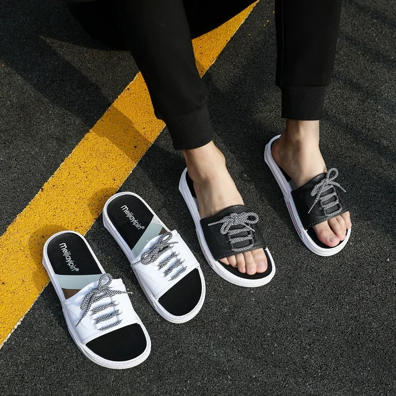 Summer Flip Flops Plain Color Tied Casual Men's Slippers Fashionable Non-Slip Plastic Korean Style One-Piece Beach Shoes