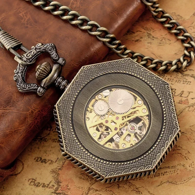 

Bronze Hollow Octagon Shape Men Women Handwind Mechanical Pocket Watch Skeleton Clock FOB Pendant Chain Roman Number Display