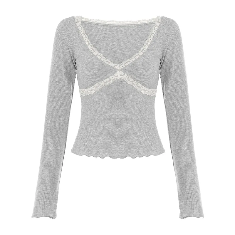 Late autumn style girl design casual fitted short-sleeved base layer top lace patchwork v-neck long-sleeved knit T-shirt women