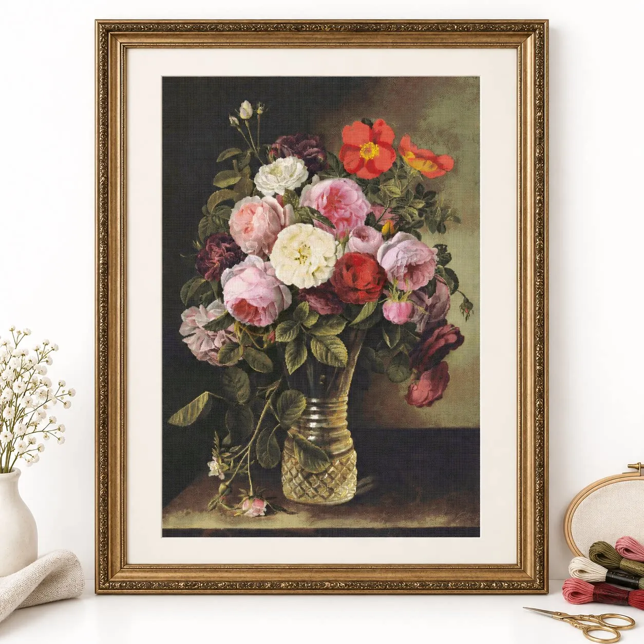 15CT [KZ-ZZ3849-Transparent Vase]11CT 14CT 16CT DIY Stamped Cross Stitch Kit with Printed Canvas and Cotton Threads Embroidery