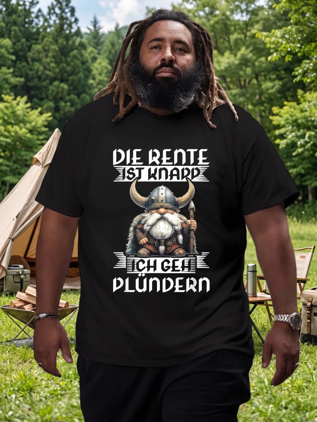 1 Stück 100% Baumwolle Unisex T-Shirt mit Aufdruck „Die Rente Ist Knapp Ich Gei Plundern Viking“, O-Ausschnitt, kurze Ärmel, Plus Size, bequeme Freizeitkleidung, maschinenwaschbar.