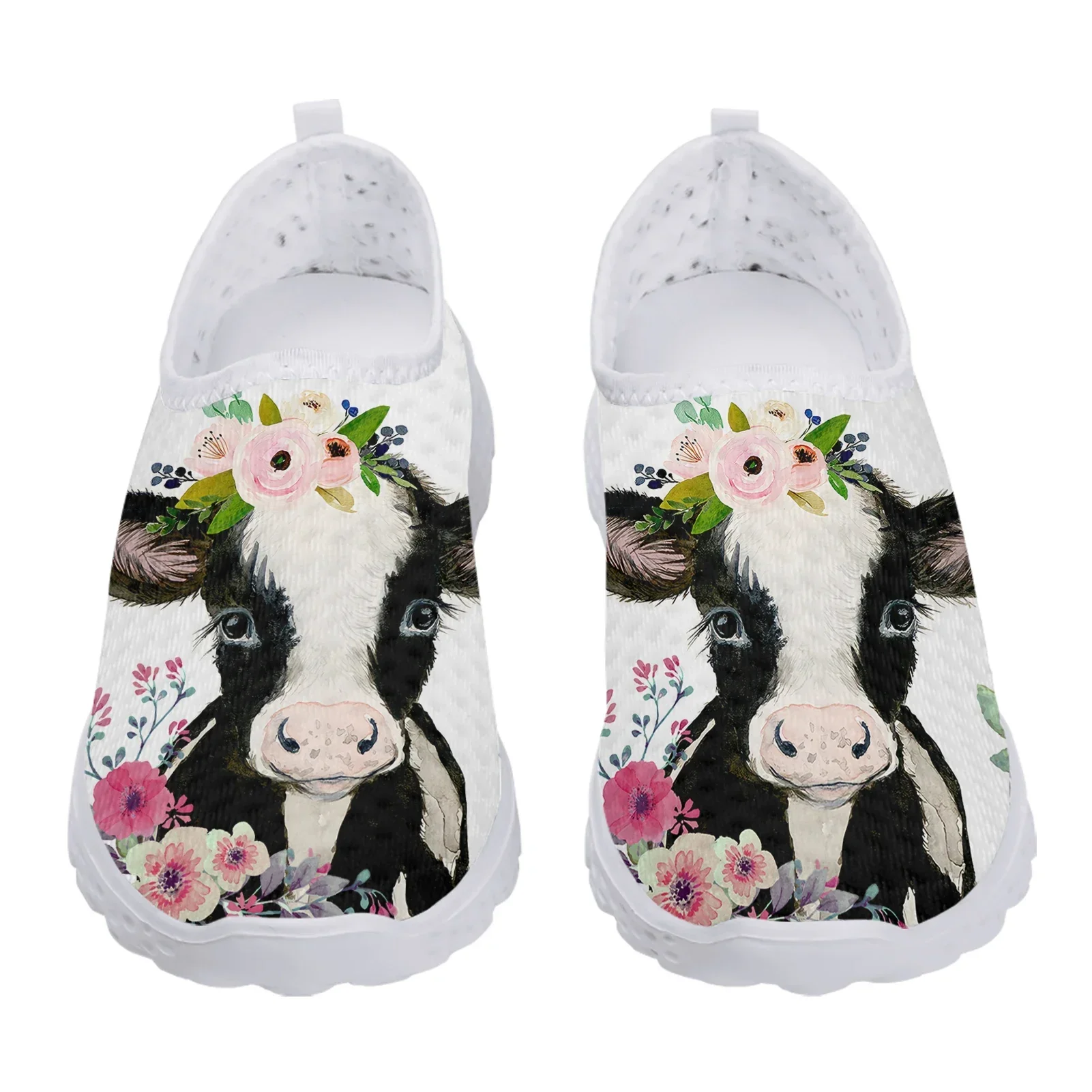 Chaussures de marche plates légères à imprimé animal pour dames, chaussures en maille respirante, vache à lait de dessin animé, imprimé hibiscus, été