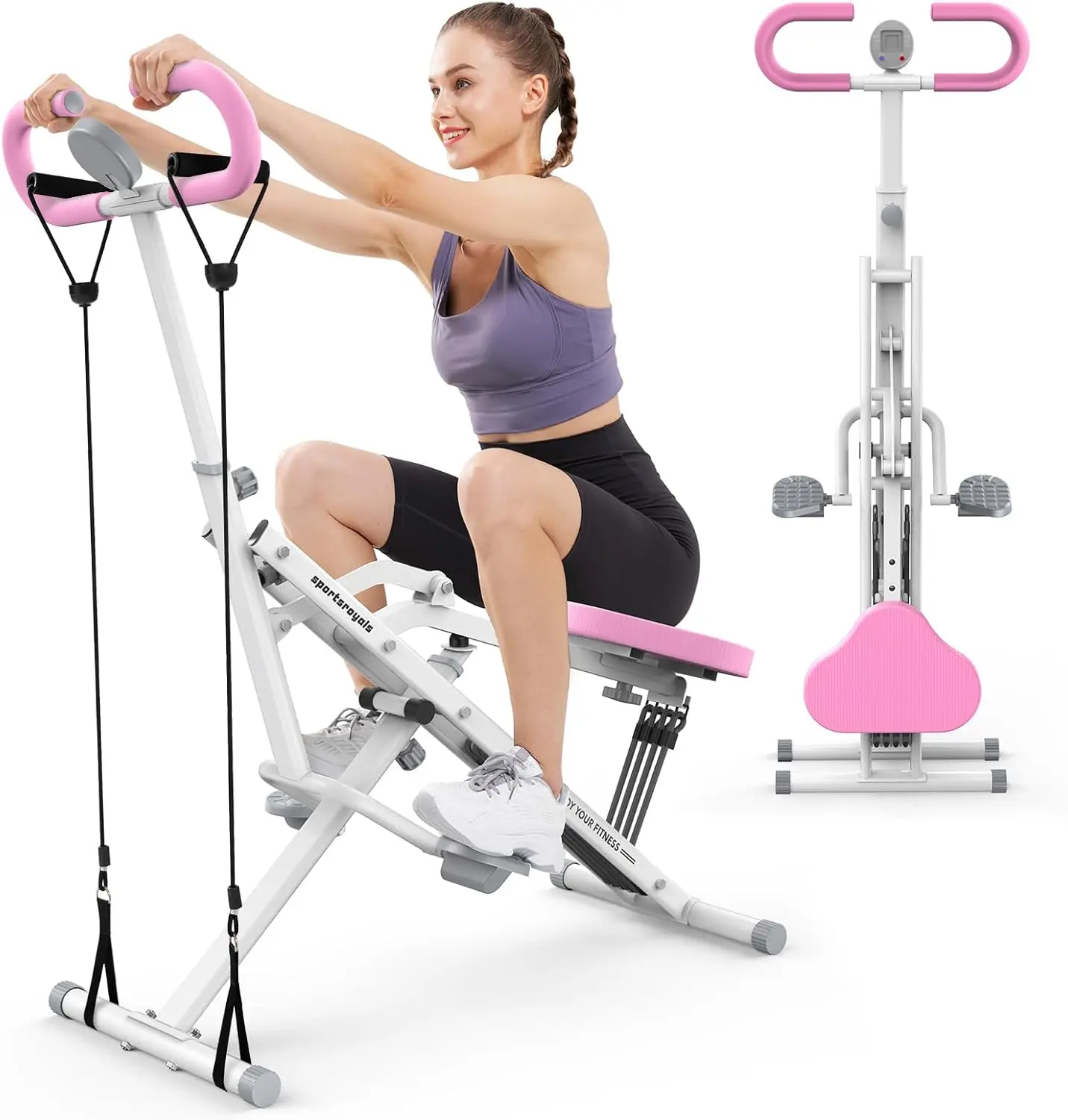 

Pink Squat Machine for Home,Rodeo Core Exercise Machine,330lbs Foldable,Adjustable 4 Resistance Bands,Ride & Rowing Machine