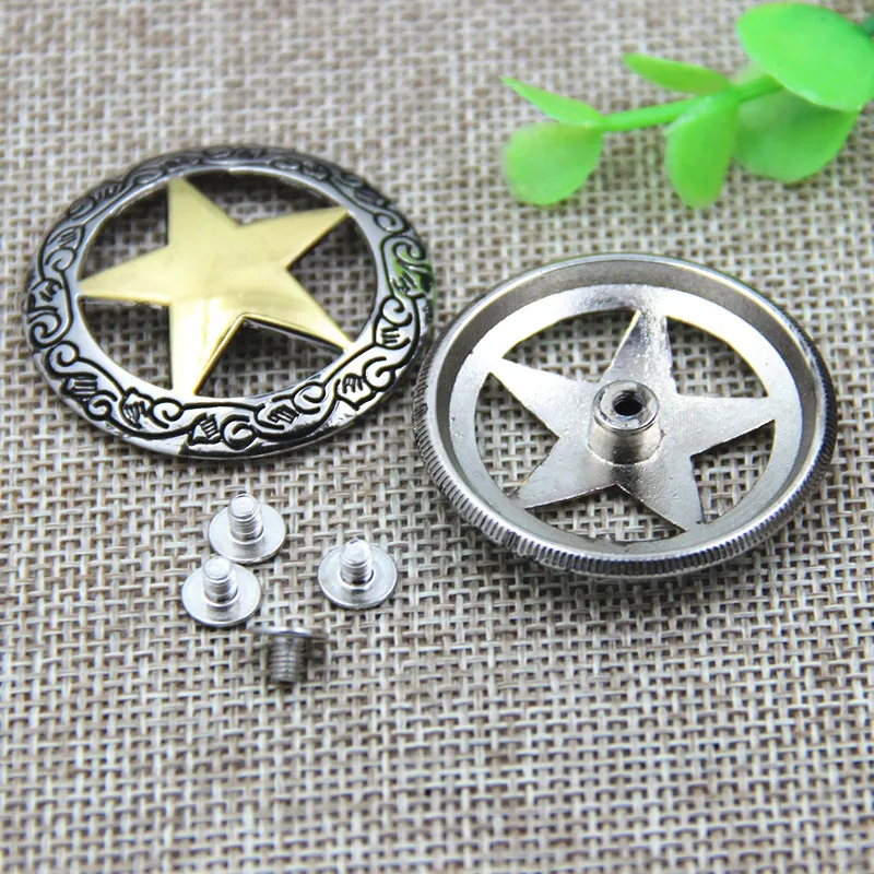 5PCS 37mm Silver Carved Gold Round Hollowed Star Conchos Metal Leather Goods DIY Decorative Accessories