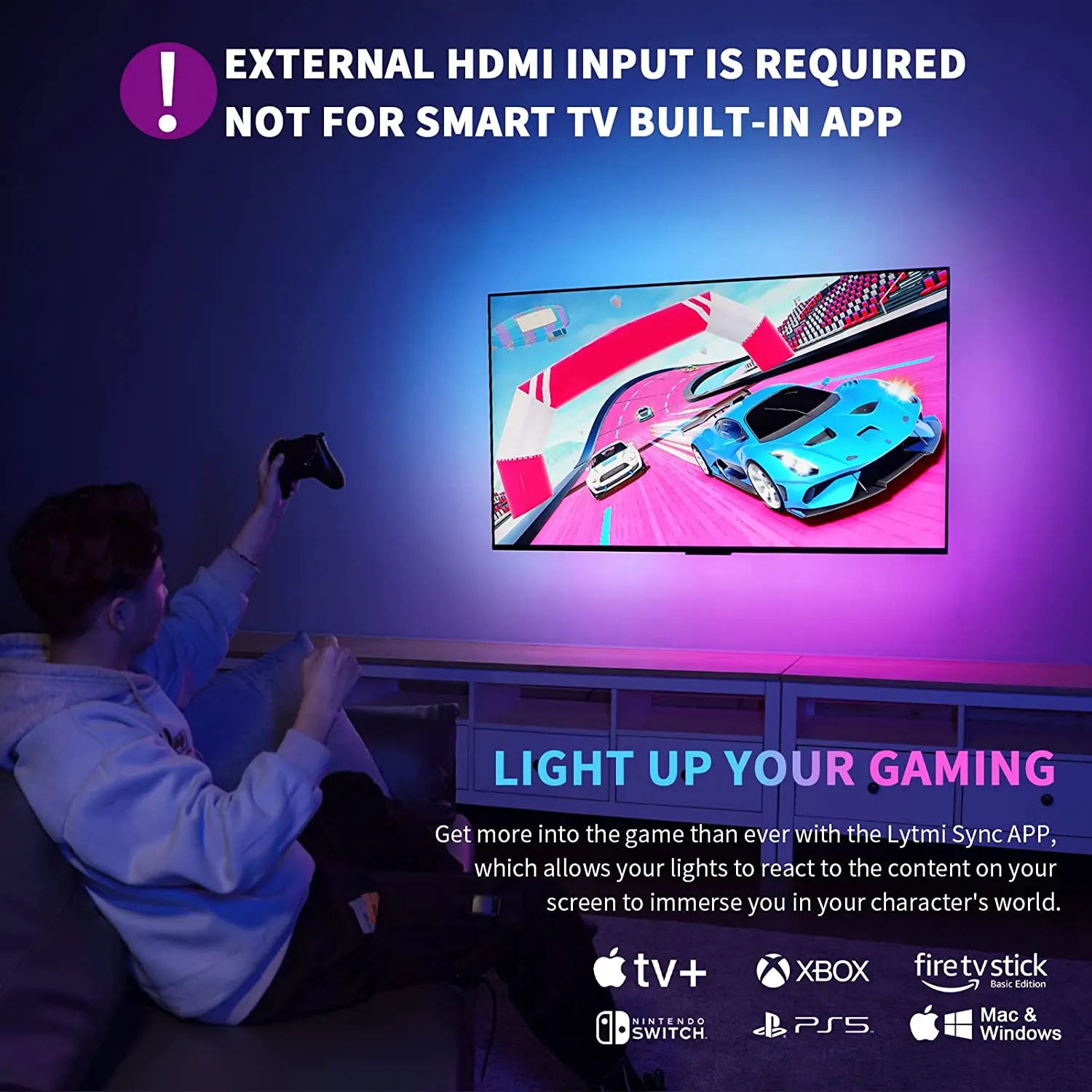 LED Strip Backlights TV HDMI 2.0b Sync Box Immersion Kit Gaming APP/Voice Control Color Changing Music Sync Bedroom Room Decor