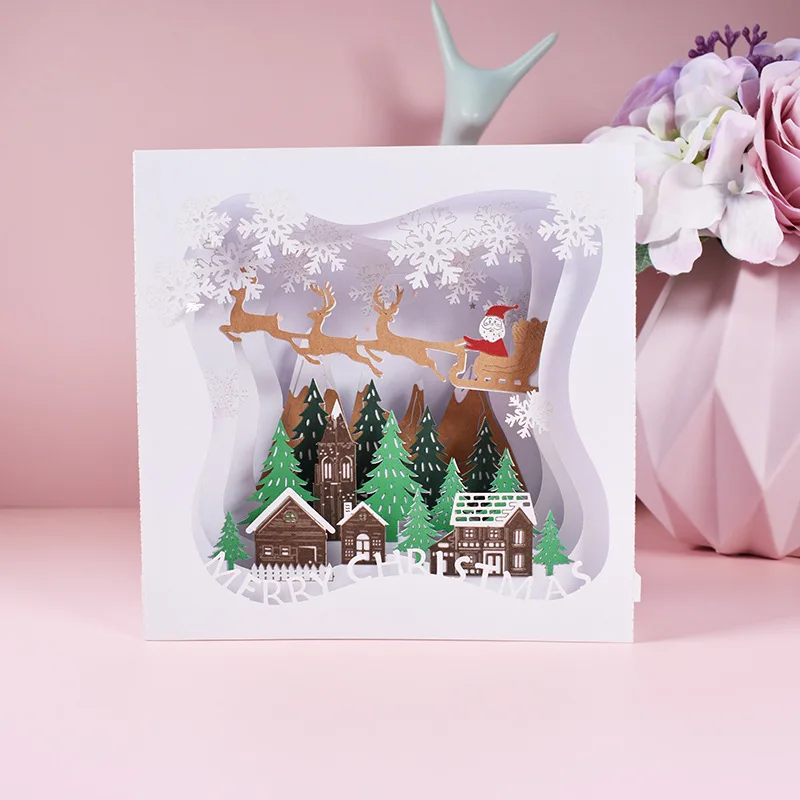 New Christmas Greeting Card3DThree-Dimensional Cross-Border Hot Selling Handmade Paper Carving Card Christmas Box Wholesale