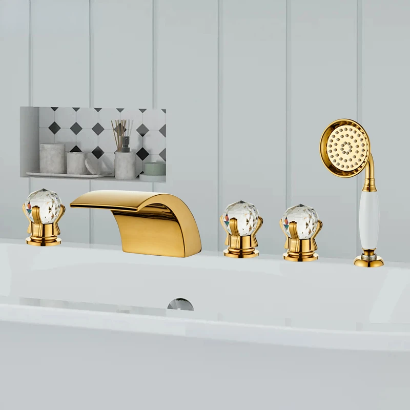 

Golden Crystal Bathtub Faucet Deck Mounted 5 Hole Split 5 Pieces Faucet Set with Showerhead Hot and Cold Waterfall Mixer Tap