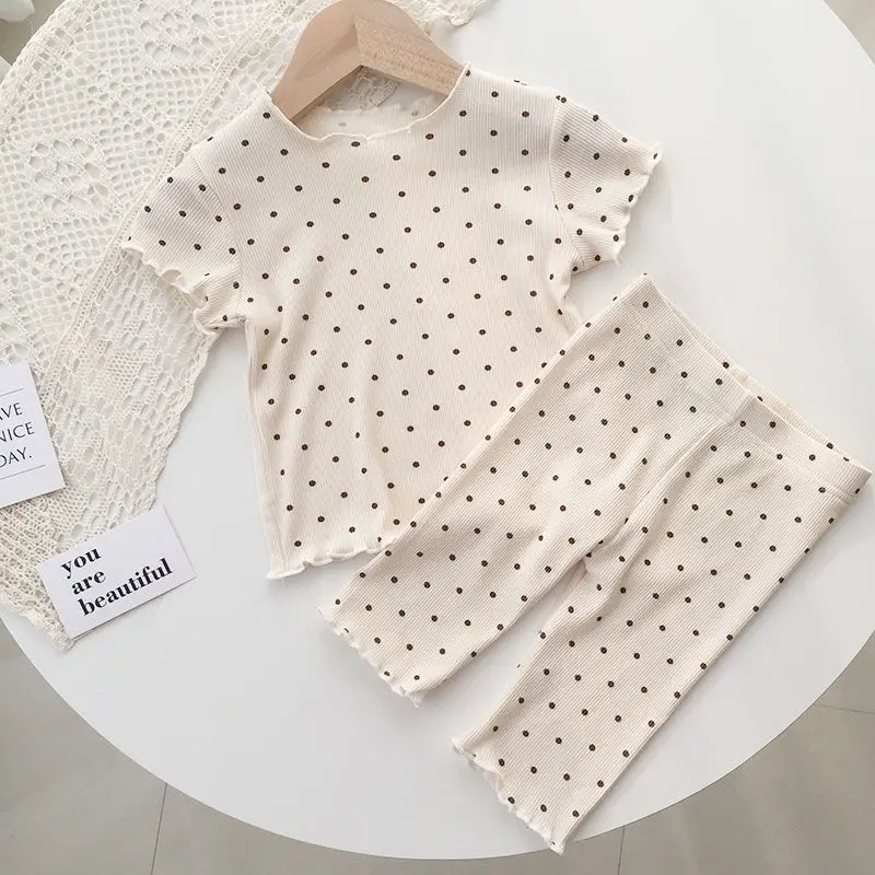 Baby Pajamas Summer Thin Set Polka Dot Stylish Girls Summer Outfit Two-piece Home Outfit Children Air-conditioned Suit