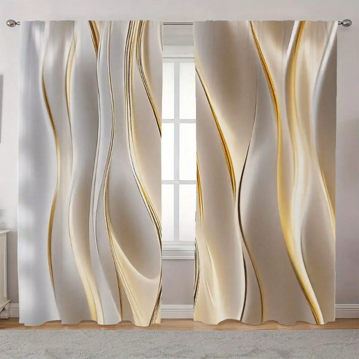 2D Flat Elegant 2pcs Curtain Set With Cream/ White/ Light Gray Smooth Flowing Shapes & Golden Wavy Lines, Soft Glossy