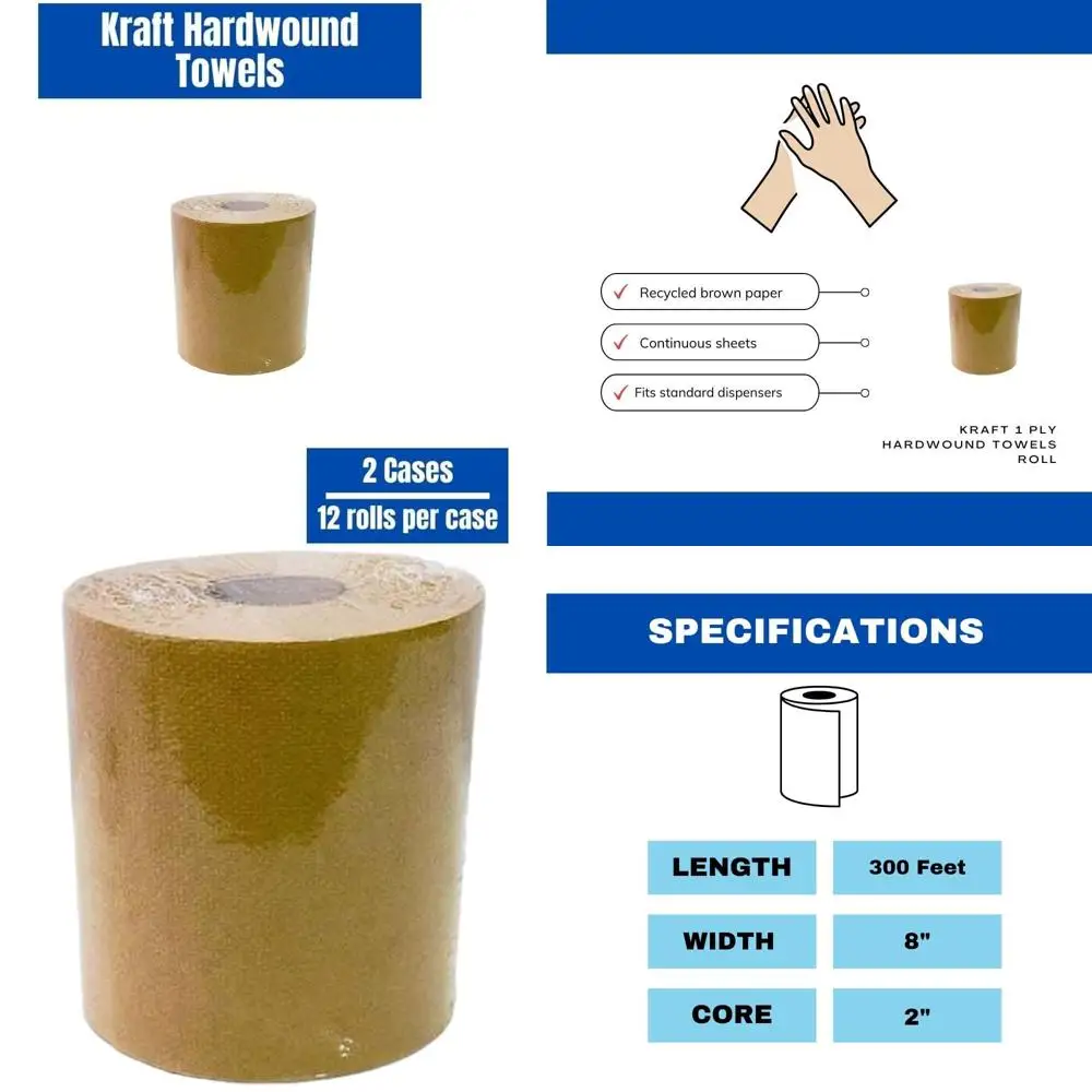 

Бумажные полотенца в рулонах, коричневые, однослойные, 24 штуки в упаковке, 8 x 300 футов, 2 втулки, для универсального диспенсера