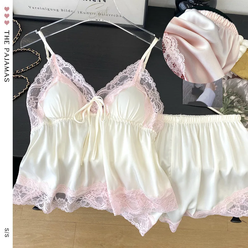 

Комплект кружевной пижамы для женщин: сексуальный топ на бретельках и шорты, 2 предмета, пижама без спинки, домашняя одежда из ледяного шелка, летняя ночная одежда, комплект для сна, нижнее белье