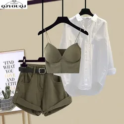 Spring/Summer Women's Set 2024 New Korean Fashion Strap Casual Shirt Age Reducing Shorts Elegant Women's Three Piece Set