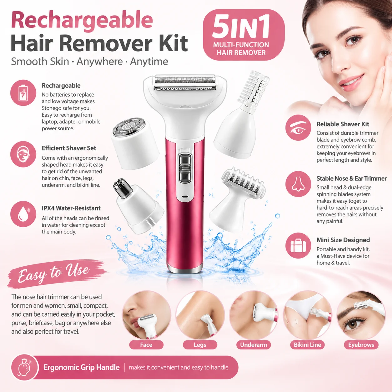 5 in 1 Electric Hair Removal Shaver, USB Rechargeable Trimmer for Eyebrow Nose Face Body Underarm Leg and Bikini Line, Gentle Hair Remover with Multiple Precision Heads, Compact Portable Grooming Device for Home Travel and Daily Use