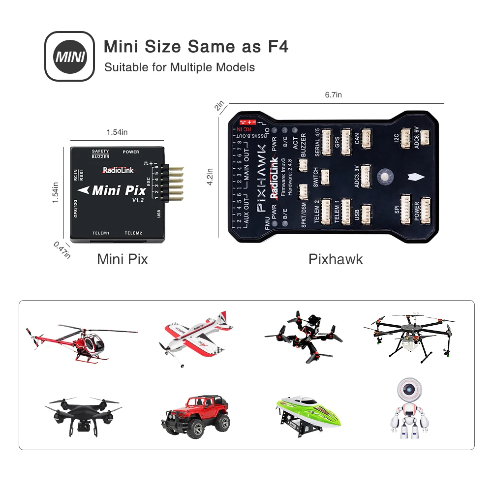 

Radiolink Mini Pix APM Flight Controller V1.2 FC 3-6 Axis FPV Drone/Helicopter/Aircraft/Quad/Car/Boat Software Vibration Damping
